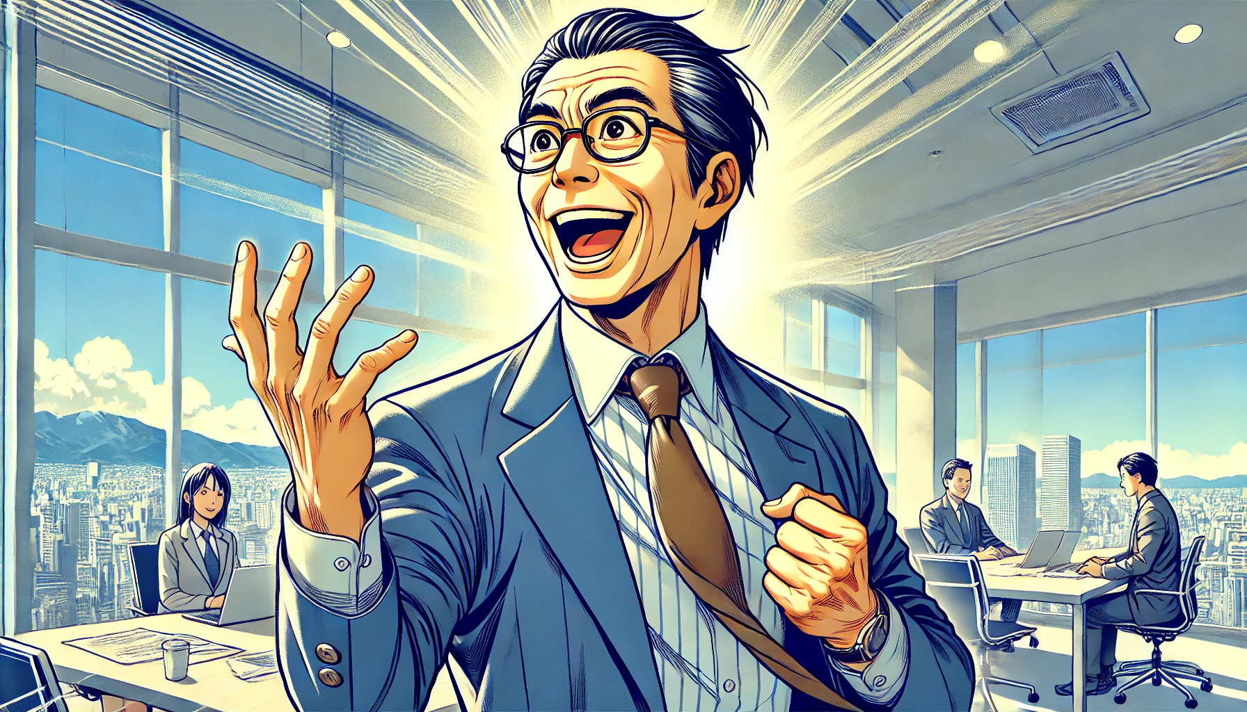 DALL·E 2024-10-27 09.01.55 – An illustration of a 49-year-old Japanese male business owner wearing glasses, passionately and energetically talking about his dreams. The character